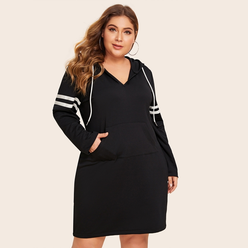 

Plus Striped Tape Drawstring Hoodie Dress, Black