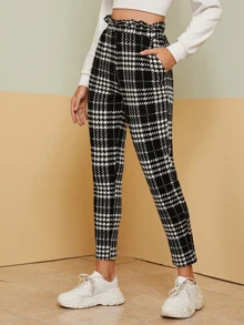 SHEIN Paperbag Waist Slant Pocket Plaid Pants - Black and White - View 3