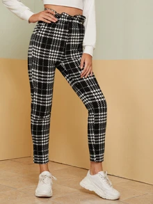 SHEIN Paperbag Waist Slant Pocket Plaid Pants - Black and White - View 4
