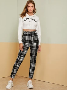 SHEIN Paperbag Waist Slant Pocket Plaid Pants - Black and White - View 5