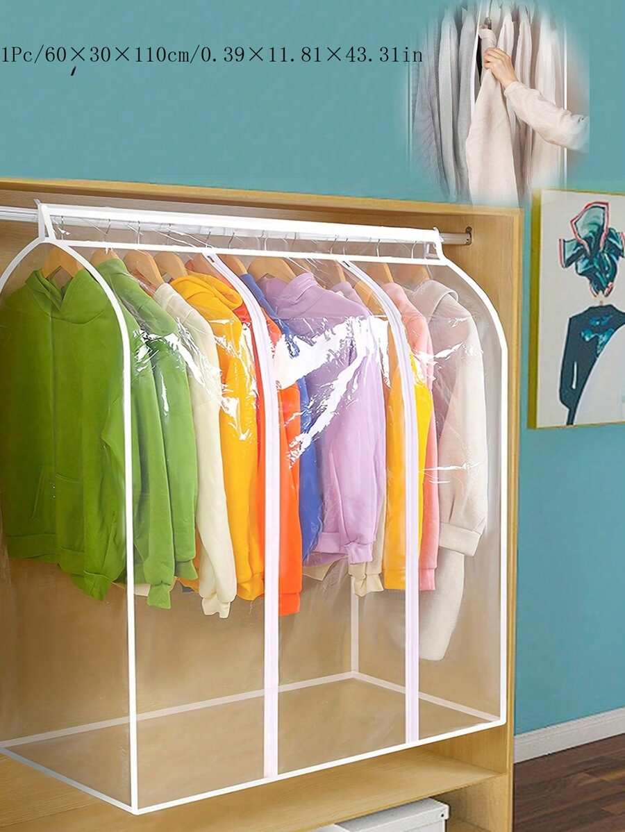 S/M/L Hanging Garment Dust Cover, Home Dust-Proof Hanging Bag, Fully Enclosed Coat Dust-Proof Storage Bag, Long Transparent Hanging Clothing Bag, Suitable For Closet Storage, Bottom Enclosed Hanger Cover, Extra Large Sealed Closet Clothing Protection Cover - Clear - View 1