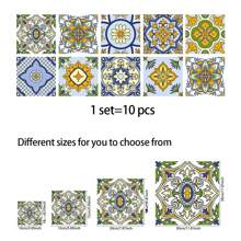 1set/10pcs Self-Adhesive Removable Pvc Tile Stickers, Waterproof Square European Floral Pattern Wall Decals For Home Decoration - Multicolor - View 2