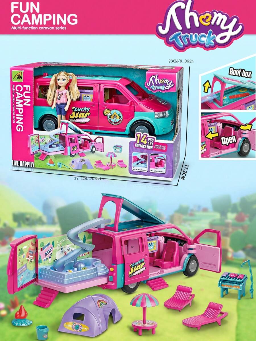 1 套时尚娃娃露营配件梦幻车辆旅行飞行员公主娃娃粉色玩具套装适合 3 岁及以上儿童玩具（彩盒）送给孩子的完美礼物完美的万圣节/感恩节/圣诞节礼物、家居装饰 - 玫紅色 - 查看 1