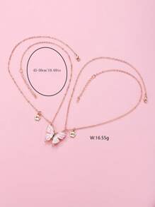 2入組女孩蝴蝶和動物造型鋅合金項鍊套裝，粉藍色