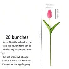 20支人造普通鬱金香絲絨花,具有濕潤和逼真的觸感,長13.5英寸（34.3厘米）,非常適合家居、廚房、婚禮裝飾 - 粉色 - 查看 2