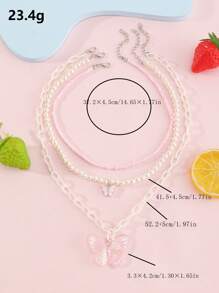 3 件套女孩蝴蝶项链组合套装，带人造珍珠，简约时尚 - 彩色 - 查看 2