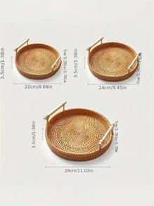 1pc Wooden Handle Round Wooden Tray, Willow Basket, Bread & Food Tray, Fruit & Cake Plate, Dinner Tray, Handmade Rattan Tray, Heat-Insulated Pad For Fruit Plate, Rattan Decoration, Food Storage Tray, Kitchenware - Ginger - View 2