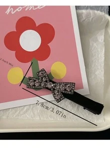 2pcs/Set Velvet & Rhinestone Bowknot Hair Clip For Teen Girls - Black - View 3