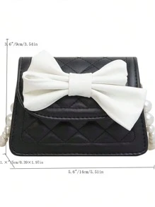1pc Young Girls' Casual Fashionable Bow Knot & Diamond Checkered Embroidery Chain Strap Crossbody Bag With Pearl Detail, Suitable For Daily Use - Black - View 5