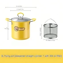 1pc Large Capacity Fryer Pot With Filter Net, Home Use Multi-Functional Non-Smoking & Oil Saving Pan, Non-Stick Fryer - Yellow - View 2