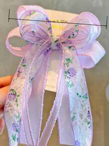 1pc Girls' Fresh & Sweet Mesh Flower Pattern Ribbon & Bow Hair Clip With Streamers - Mauve Purple - View 3