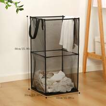 Double-Layer Mesh Laundry Basket For Bathroom, Multifunctional Foldable Dirty Clothes Container With Large Capacity, Navy Blue - Black - View 5