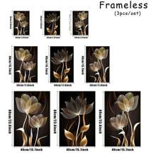 3入組無框黑色和金色花朵牆藝術畫布油畫,現代抽象海報,家居裝飾,不含相框