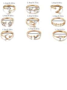 Set de 9 anillos de moda nuevos para niñas, que incluyen anillos con forma de corazón, mariposa, estrella y luna con diamantes de imitación - Dorado - Ver 5