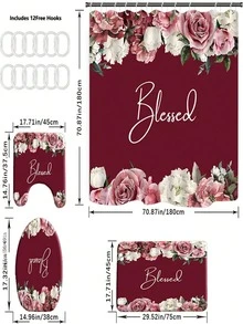 YBLZGCN 浴室裝飾防水浴簾套裝，附有12個掛鉤、馬桶蓋、座墊、浴室地墊，防滑地毯、聚酯纖維窗簾、浴室配件 - 彩色 - 查看 4