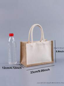 1pc Canvas+Jute Handbag Burlap Tote Bag Reusable Daily Use Travel Beach Storage Organizer Shopper Bag DIY Montage Jute Bag Suitable For Wedding, Party Festival And Painting, Christmas