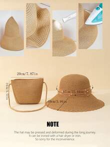 2pcs/Set Teenage Girls Pearl, Mesh, Lace & Bow Decor Fisherman Sun Hat & Solid Color Straw Crossbody Bag Combo, Sweet & Fashionable For Summer Outdoor, Beach, Wedding, Holiday Gift - Multicolor - View 4