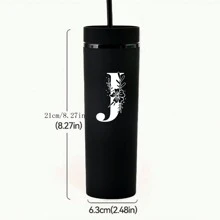 1入組A-Z字母圖案16oz純色塑料水瓶，適用於夏季/冬季飲料，扁底牛奶/咖啡杯，旅行配件，母親節禮物，伴娘/新娘禮物 - 粉色 - 查看 4