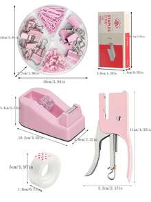 1 Bộ Kim Bấm Màu Hồng, 1 Dụng Cụ Cắt Băng, 1 Hộp Băng Trong Suốt, 1 Hộp Kim Bấm, 1 Thước Đục Lỗ Cầm Tay, 1 Hộp Hộp Pizza, Kiểu Dáng Đơn Giản Và Đa Chức Năng, Thích Hợp Dùng Cho Văn Phòng Và Học Sinh - Hồng - Xem 2