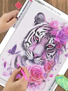 Pintura de diamantes DIY de tigre con corona de flores, decoración del hogar, artesanía hecha a mano en forma de colgante, pintura de diamante redonda completa de punto de cruz creativa de arte de dibujos animados, personalización de regalo - Multicolor - Ver 5