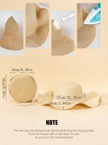 2pcs Beige Wave Pattern Fresh Style Bowknot Straw Hat And Woven Bag Set, Perfect For Beach Vacation - Beige - View 5