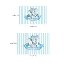 Lindo elefante de dibujos animados con fondo de rayas en tela azul y rosa para revelar el género y decoración de fiesta del baby shower, pancarta y fotografía como fondo para la celebración del recién nacido - Azul - Ver 2