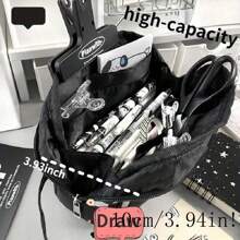 Highly Attractive Ins Style Pen Case, Black & White Checkerboard Large Capacity Handheld Korean Version Pencil Bag, Stain Resistant - Black - View 7