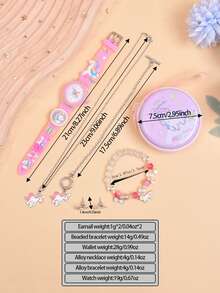 2024 New Gift Box Packaging 3-Color LED Light Strap Cartoon Unicorn Kids Watch Set With Wallet, Necklace, Earrings And Bracelet 7pcs/Set - Pink - View 4