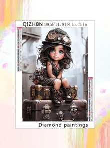 Girl Sitting On Luggage Suitcase DIY Diamond Painting Home Decor Handicraft Pendant Cross Stitch Gift Customization, Full Round Diamond Embroidery, Lovely Cartoon Artwork