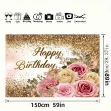1 pieza, Imagen de fondo de cumpleaños del Día de la mujer, Fondo de fotografía de fiesta en rojo, rosa y dorado con flores brillantes, Decoración de estudio de cumpleaños, Tamaño del producto 150 cm/59in * 100 cm/39in - Multicolor - Ver 6