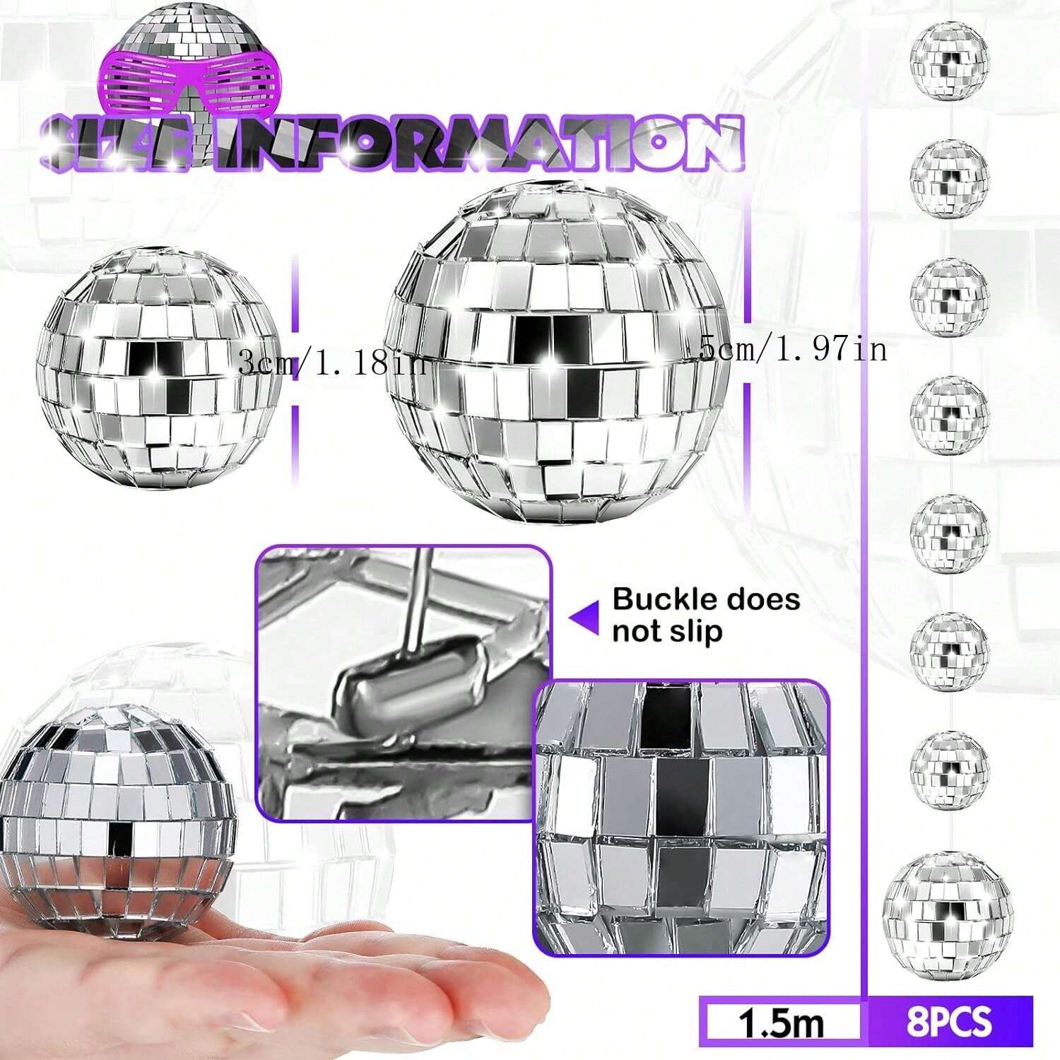 8 Packs Mini Disco Ball Ornaments Reflective Mirror Decor Silver