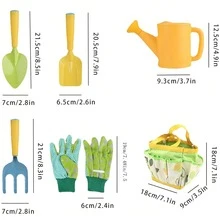 5入/6入組園藝工具套裝，可愛的迷你鏟子和叉子，適用於園藝，含戶外錐形刨子、耙子、水壺、收納袋和手套 - 彩色 - 查看 7