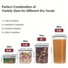 7件/S/M/L/XL 密封食品储存容器（带盖）、塑料厨房食品储藏整理和储存、谷物、意大利面、面粉、糖干粮罐（带标签和记号笔）、适用于洗碗机、塑料食品保鲜罐、家庭厨房用品 - 彩色 - 查看 10
