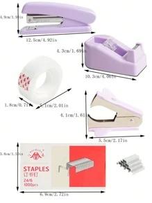 1set Purple Stationery Set - 1 Stapler, 1 Tape Dispenser, 1 Box Staples, 1 Hole Puncher, 1 Tape, Minimalist Style, Multi-Functional For Office, Students, Home Office, Ergonomic Design - Purple - View 1