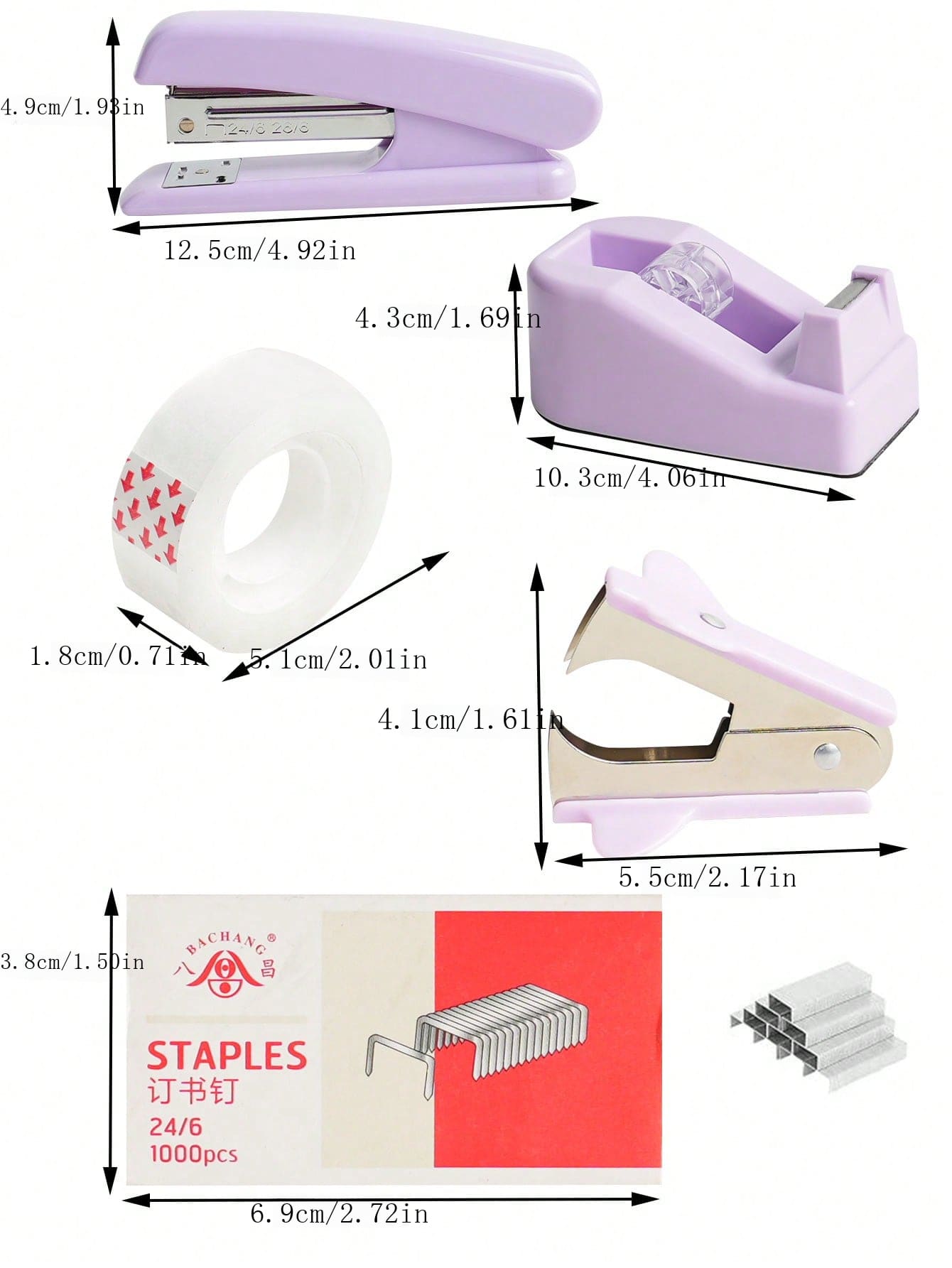 1set Purple Stationery Set - 1 Stapler, 1 Tape Dispenser, 1 Box Staples, 1 Hole Puncher, 1 Tape, Minimalist Style, Multi-Functional For Office, Students, Home Office, Ergonomic Design - Purple - View 1