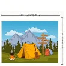 Campfire Camper Tent Theme Birthday Party Backdrop Hiking Climbing Sign Guitar Backpacks Background Photo Props Cartoon Camping Backdrop Forest And Mountain Scenery Outdoor - Type a - View 4