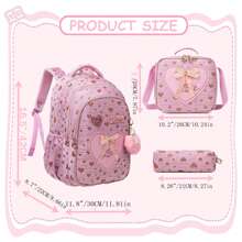 Mochila de 3 piezas con decoración de lazo y cinta para niñas con bolsa de almuerzo y estuche para lápices, mochila escolar impresa con amor para alumnos, bolsa de viaje, regalo para niñas en picnic - Rosa - Ver 2