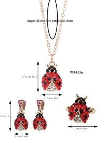1pc Necklace, 1pc Ring, 2pcs Earrings Girls' Cute Beetle Shaped Zinc Alloy Jewelry Set With Red & Black Acrylic Stones, Suitable For Daily Wear - Multicolor - View 2