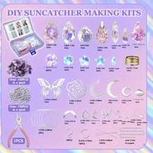 350 件 DIY 水晶捕手彩虹制作工艺套件、蝴蝶吊饰链、捕光珠、制作工具，用于窗户花园装饰（银色）圣诞节礼物 - 377pcs 玫瑰花蝴蝶DIY套裝(銀色) - 查看 2