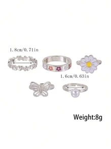 Conjunto de 5 anillos de perlas ajustables que incluye mariposa, margarita y anillos de corazón, una elección de regalo perfecta - Plateado - Ver 4