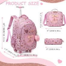 3PCS Cute Love Rolling Backpak For Girls Ribbon Bow Girls Trolley  Backpack For Primary School Backpack With Lunch Bag And Pen Bag The Best Gift For Girls - Pink - View 2
