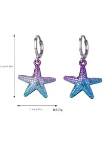 2 pares/tarjeta Pendientes con forma de estrella de mar chapados en color lindos y coloridos para niñas, adecuados para uso diario casual - Multicolor - Ver 4