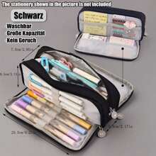 1 pieza Estuche para lápices de gran capacidad con 3 compartimentos, bolsa para bolígrafos para escuela, adolescentes, niños, hombres, mujeres. Útiles escolares, almacenamiento de papelería para estudiantes (Negro, Rosa, Morado, Azul Marino, Azul Glaciar, Verde, Estampado de Cactus, Estampado de Macaron) (¡La ubicación de los estampados de Macaron y Cactus en la superficie del estuche para lápices es aleatoria!) Vuelta al cole, Útiles escolares, Estuche para lápices, Mochila escolar - Negro - Ver 6
