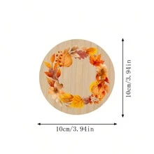1pc Autumn-Themed Hand-Painted Bamboo Cup Coaster With Leaves And Wreath Design, Heat-Resistant, Waterproof, Minimalist Decor With Festival Art Elements For Home Decoration - Multicolor - View 2