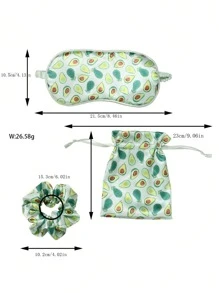 1pc Hair Scrunchie, 1pc Eye Mask, 1pc Storage Bag, Polyester Fabric Avocado Print, Cute Hair Accessories Set, For Daily Use - Green - View 2