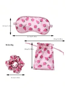 1pc Hair Scrunchie + 1pc Sleep Mask + 1pc Storage Bag Polyester Strawberry Printed Cute Hair Accessories Set, For Daily Use