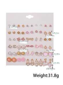 30 对时尚粉色心形和花朵耳钉套装