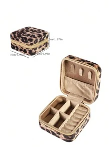 1 pieza Caja de joyería con estampado de leopardo, organizador portátil de accesorios para almacenar aretes y anillos, de vuelta a clases