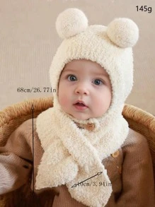 1 set Chapeau de protection auditive et écharpe bébé beige moelleux à double pompon, 2 pièces/ensemble