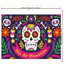 Telón de fondo de tela para el Día de los Muertos mexicano, con diseños impresos de calaveras de carnaval, coloridos recortes de papel, cempasúchil, cactus, guitarra y patrones florales, decoración para fiestas, sesiones de fotos y Navidad - Multicolor - Ver 5